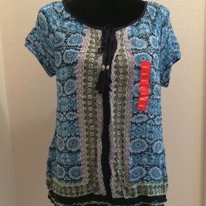 Boho floral print tie front scoop neck short sleeved top